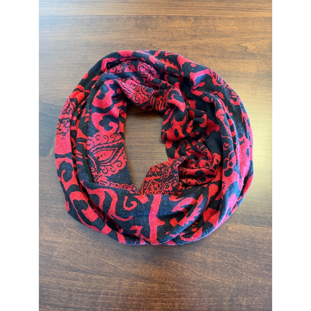 Chicos Red Black Paisley Scroll Infinity Scarf‎ Lightweight Knit OS Boho Artsy